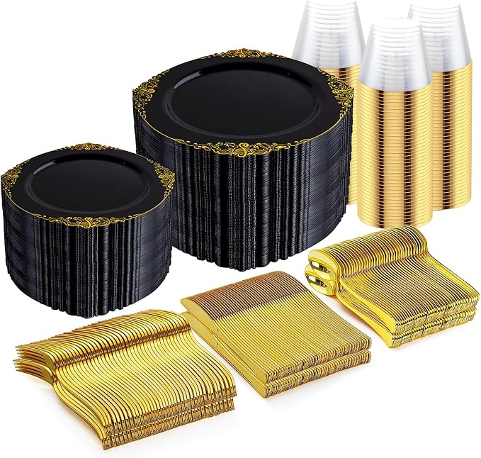 Nervure 600Pcs Black Plastic Plates, Plastic Dinnerware Set by Nervure