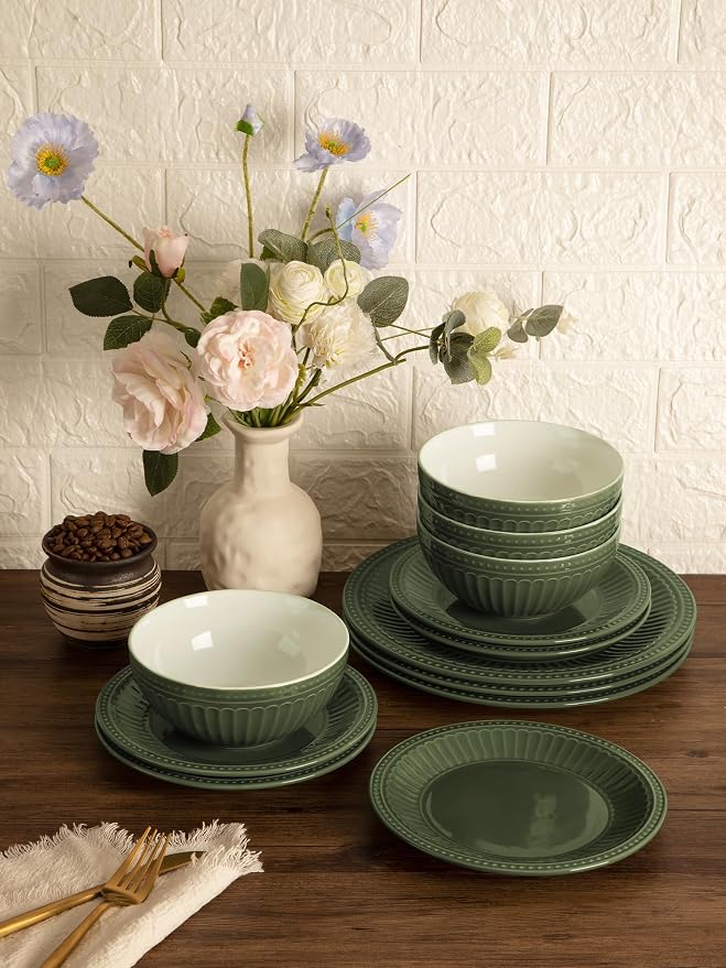 Famiware Ceramic Plates and Bowls Sets, Embossed Dishes Dinnerware - Image 5