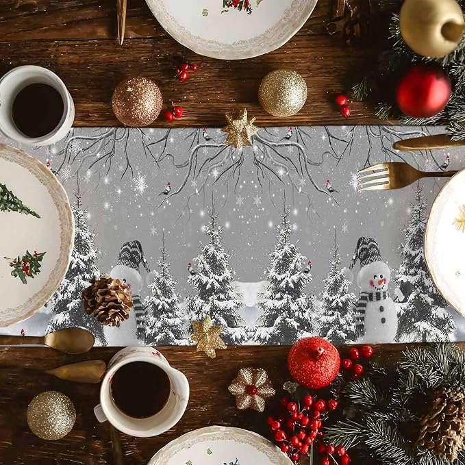 Christmas Snowman Short Table Runners 36 Inches, Cotton Linen Fabric Snowflake - Image 6