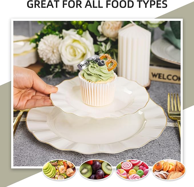 250PCS Ivory Plastic Plates Set, Wavy Plates - Image 6