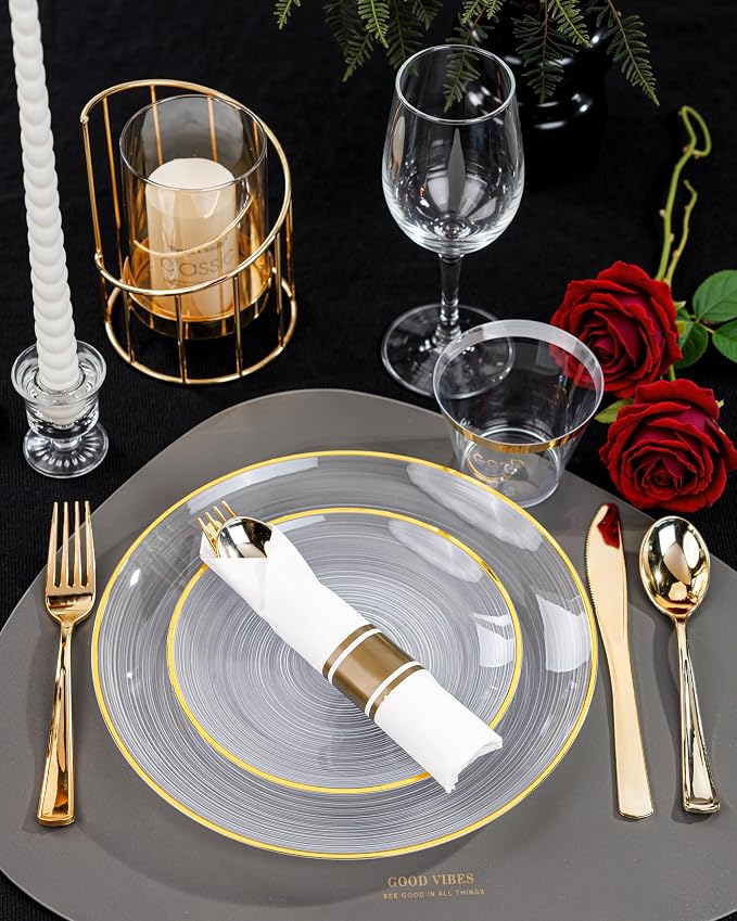 Morejoy 175PCS Clear Gold Plastic Plates - Image 8