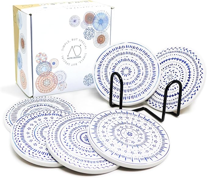 AD Set of 6 Coasters for Drinks Absorbing Round Ceramic Stone Coaster by AD