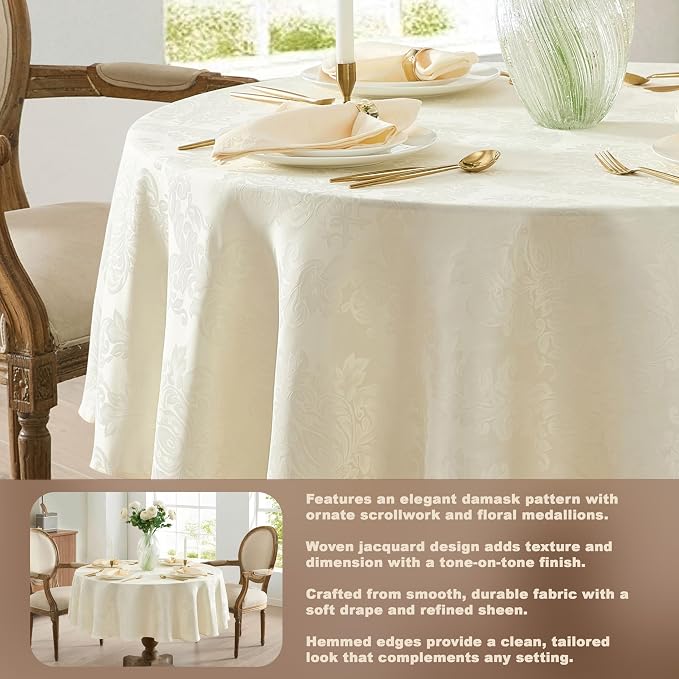 Newbridge Barcelona Luxury Damask Fabric Tablecloth, 108” Round, Antique White - Image 3
