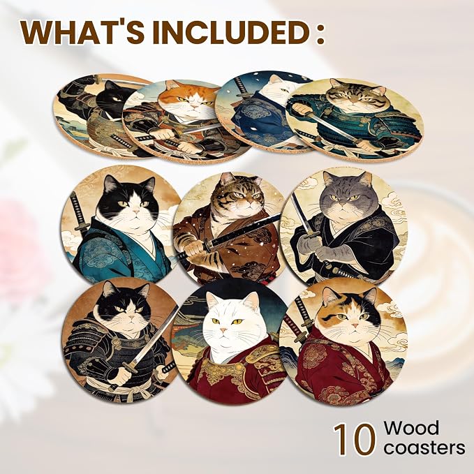 10pcs Coasters for Drinks Cute Samurai Cat Absorbent Coasters Set Round - Image 3