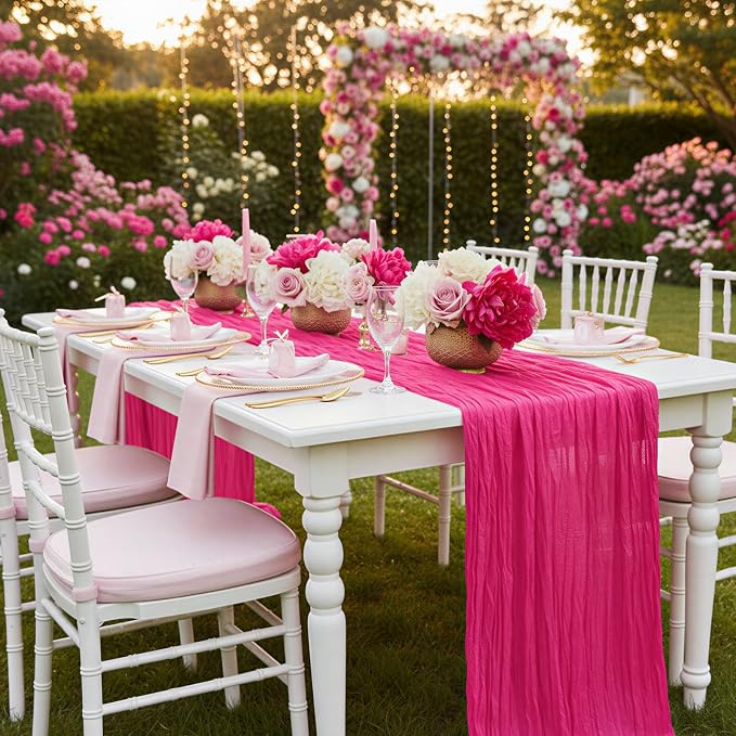 3 Pack Hot Pink Cheesecloth Table Runner 120 Inch Boho Wedding Decor | - Image 7