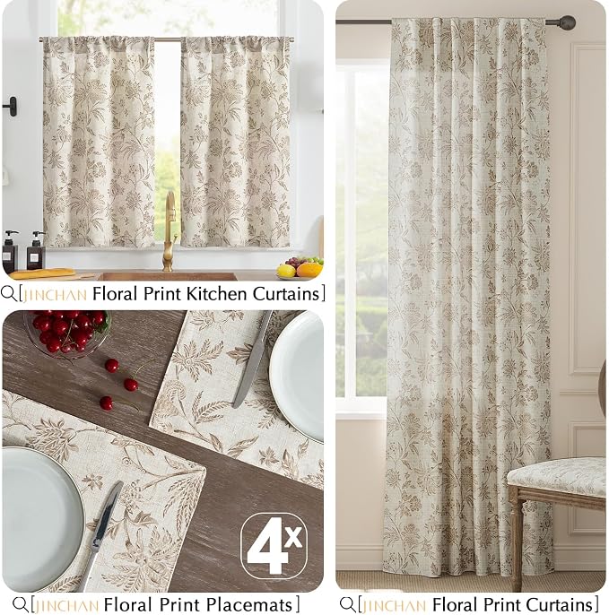 JINCHAN Sliva Linen Floral Placemats Set of 4 Farmhouse 13x19 Inch Taupe | - Image 8