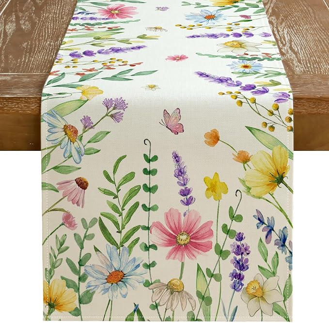 Spring Table Runner 13 x 72 Inch, Floral Wildflowers Decorative Rustic by GEEORY