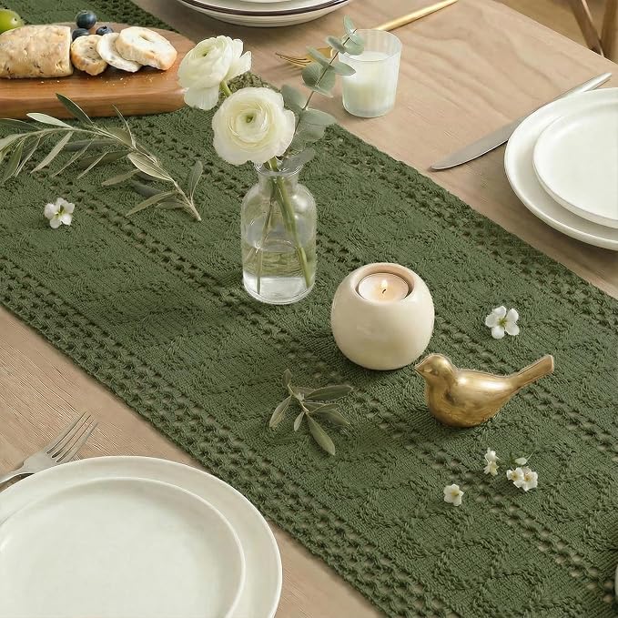 Artoid Mode Army Green Woven Farmhouse Hollow Table Runner 12x60 Inch | Holiday - Image 6