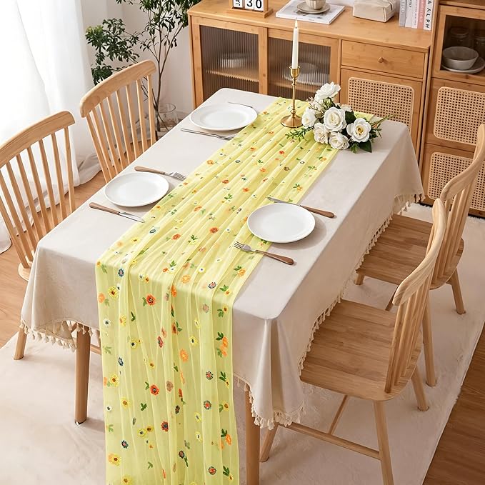 BINBE 1pcs Daisy Spring Table Runner Embroidery Gauze 10FT Florals Seasonal - Image 4