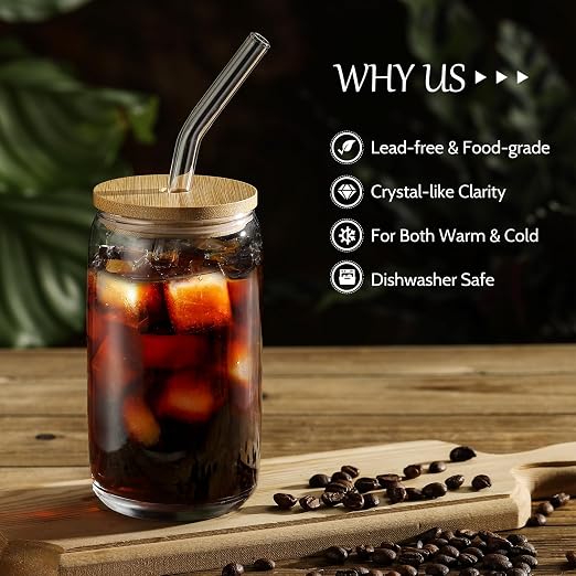 Glass Cups with Bamboo Lids and Glass Straw - Image 3