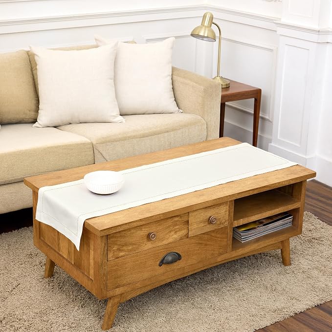 Solino Home 100% Pure Linen Dining Table Runner Ivory Hemstitch, 14 x 48 in | by SolinoHome