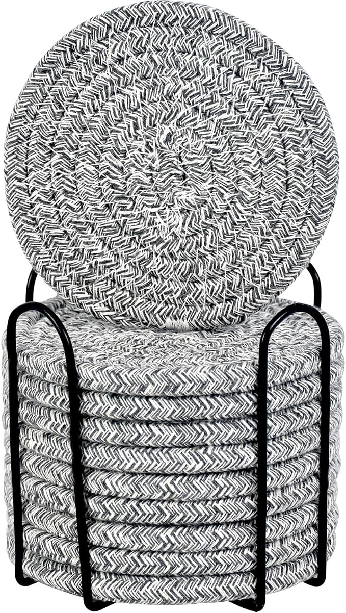ABenkle Drink Coasters with Holder Set of 10, Cotton Woven Absorbent Coasters by ABenkle