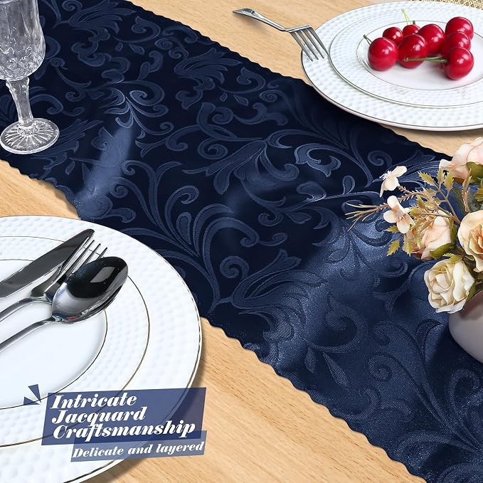MILVOWOC 12 Pack Navy Blue Satin Table Runner, 12 x 72 Inch | Jacquard Damask - Image 7