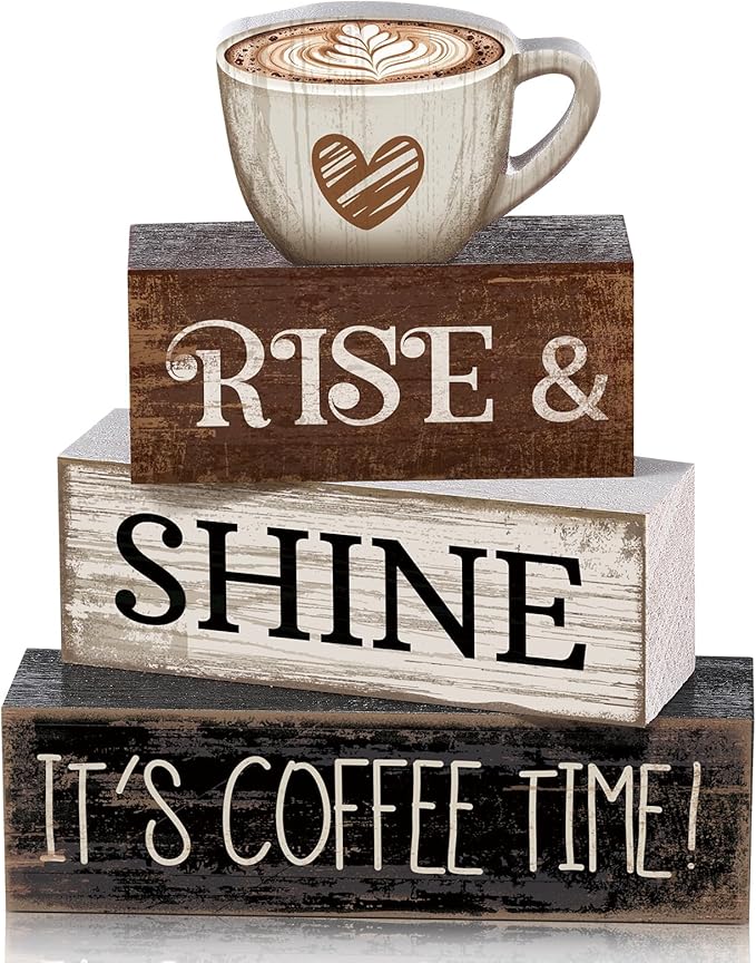 Moucuny 4 Pcs Farmhouse Coffee Bar Sign Decor Wooden Cup Rise & Shine It's by Moucuny