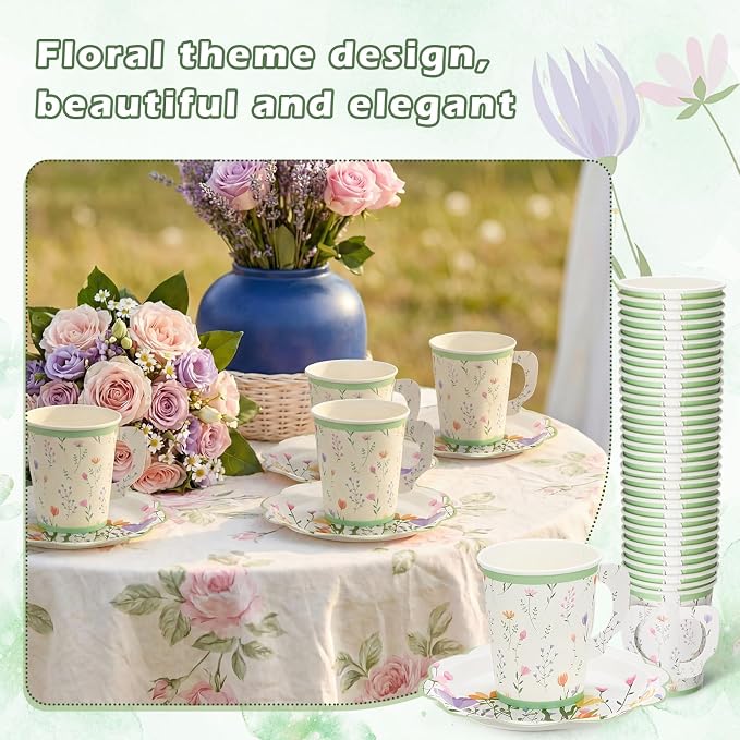 FillTouch 24 Sets Wildflower Floral Paper Tea Cups and Saucers Disposable Paper - Image 3