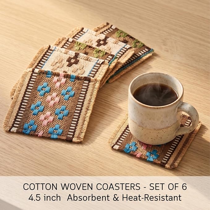 Boho Woven Coasters Set of 6, Absorbent Drink Coasters - Image 3