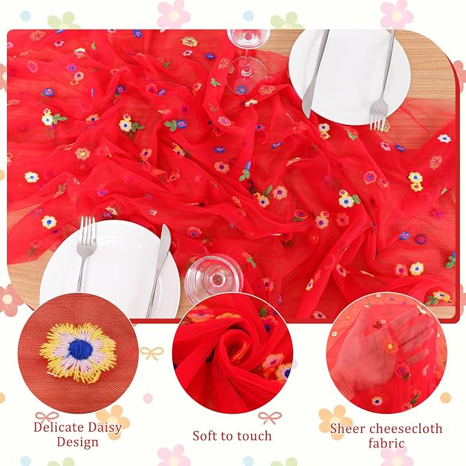 BINBE 6pcs Daisy Spring Table Runner Embroidery Gauze 10FT Florals Seasonal - Image 6