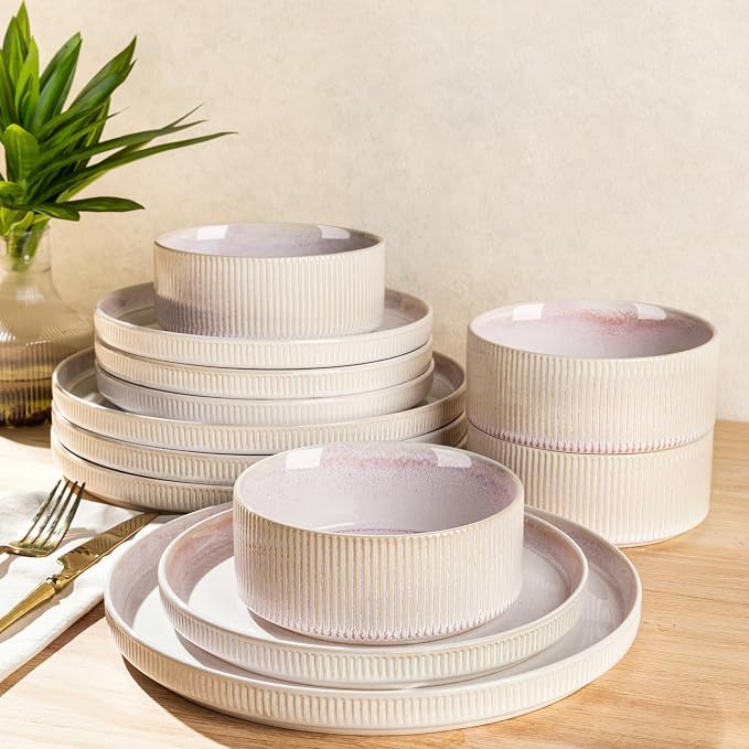 Ceramic Dinnerware Set for 4, 12-Piece Plates and Bowls Set | Lightweight by TheTerra