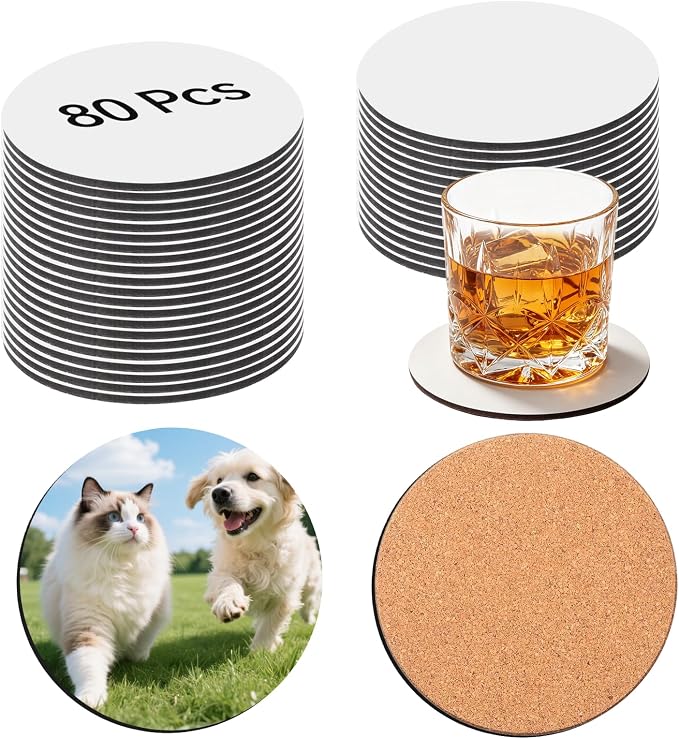 80 Pcs Sublimation Blank Coasters, Heat Transfer Wood Cork Coasters 4 x 4 in by Unknown