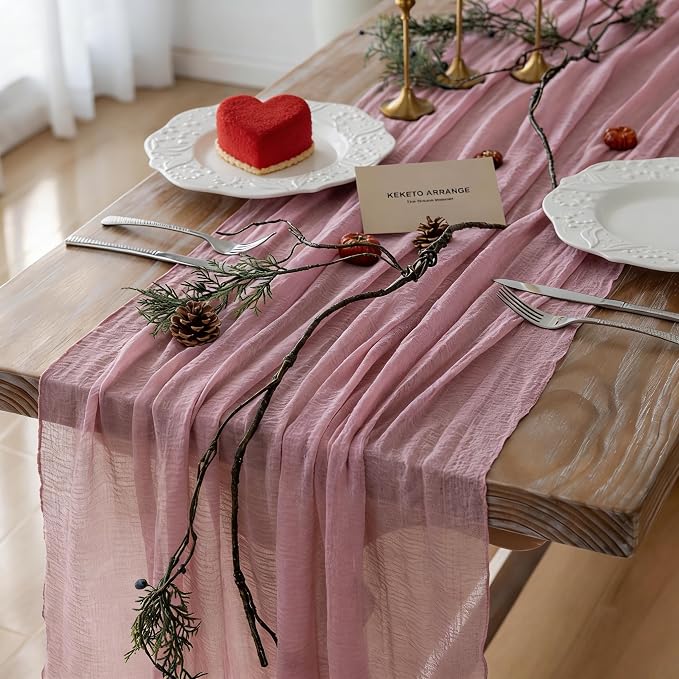 3Pcs Dusty Rose Cheesecloth Table Runner 120 Inches by KEKETOARRANGE