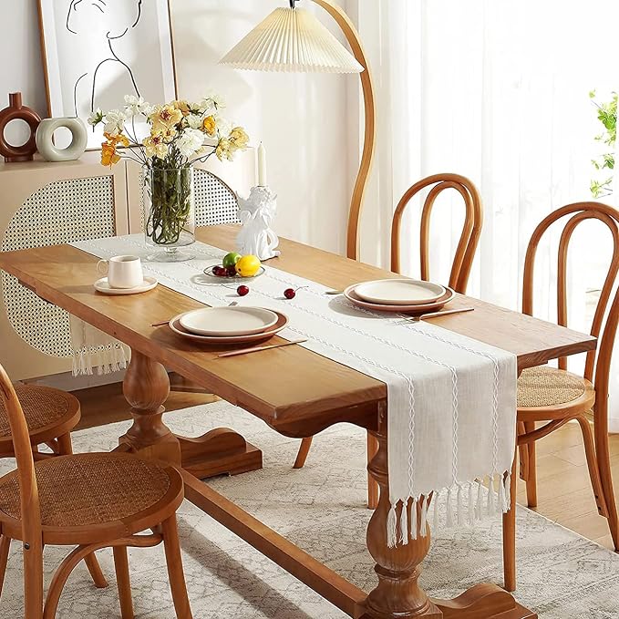 Wracra Rustic Linen Table Runner, Ivory Table Runners 108 inches Long | Raised - Image 7