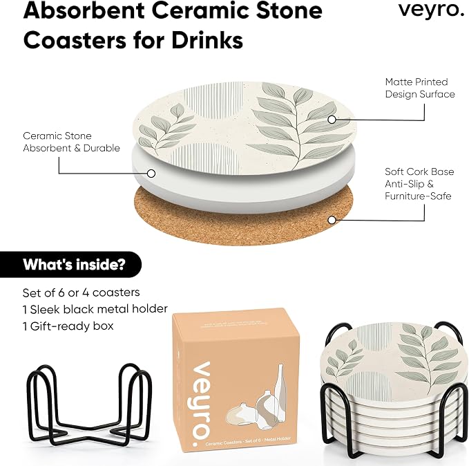 VEYRO Ceramic Coasters Set of 6 – Absorbent Stone Drink Coasters - Image 6