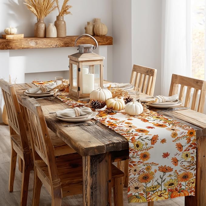 Fall Pumpkins and Sunflowers Table Runner 13x48 Inch, Maple Leaves Farmhouse - Image 5