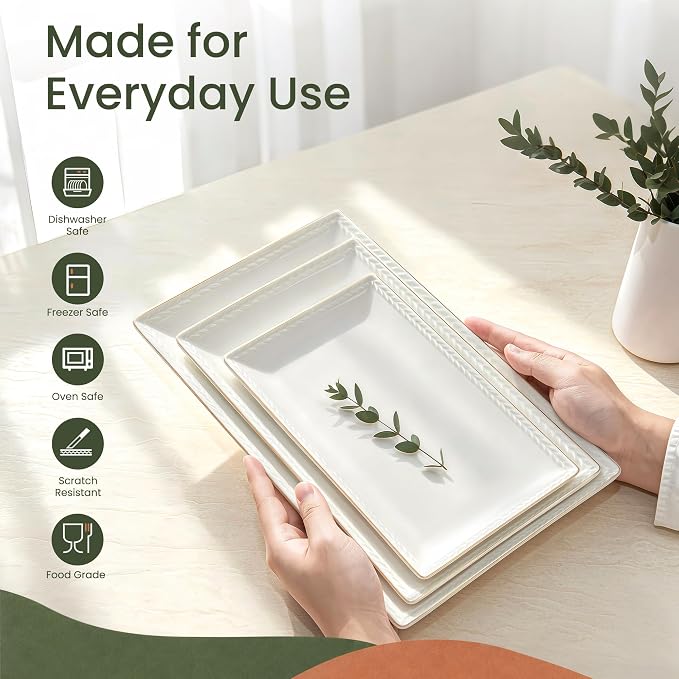 Kassel Ceramic Serving Platter Set | 16”/14”/12” Rectangular Serving Trays - Image 3