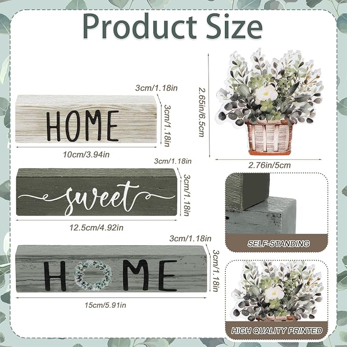Cinnvoice 4 Pcs Farmhouse Wooden Tabletop Decor Green Eucalyptus Leaves Spring - Image 3