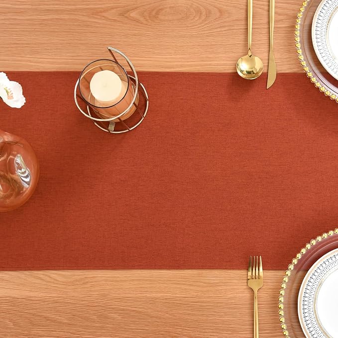 Faux Linen Table Runner Water Resistant 13 x 60 in, Rust | Farmhouse Rustic - Image 7
