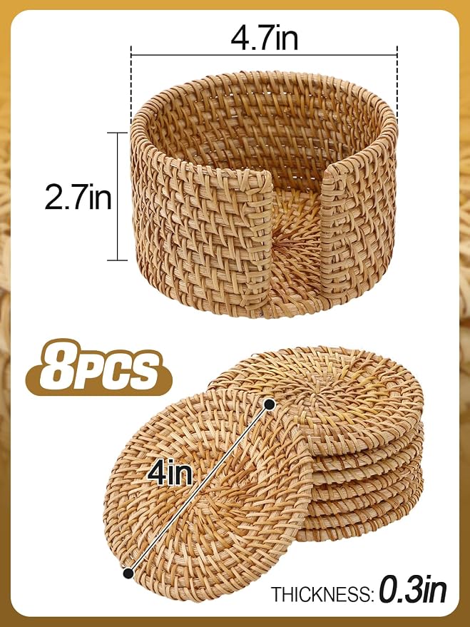 8Pcs Handmade Natural Rattan Coasters Set - Image 6