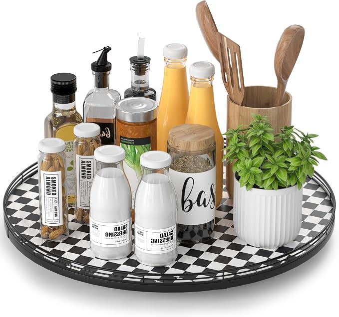 AMH18-Inch Black and White Checkerboard Lazy Susan Decorative Tray | Smooth by AMH