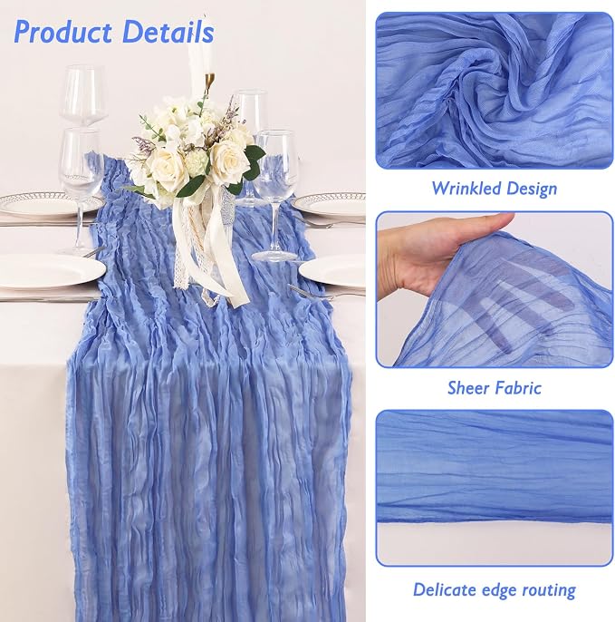 3 Pack Blue Cheesecloth Table Runner 120 Inch Boho Wedding Decor | Cheesecloth - Image 3