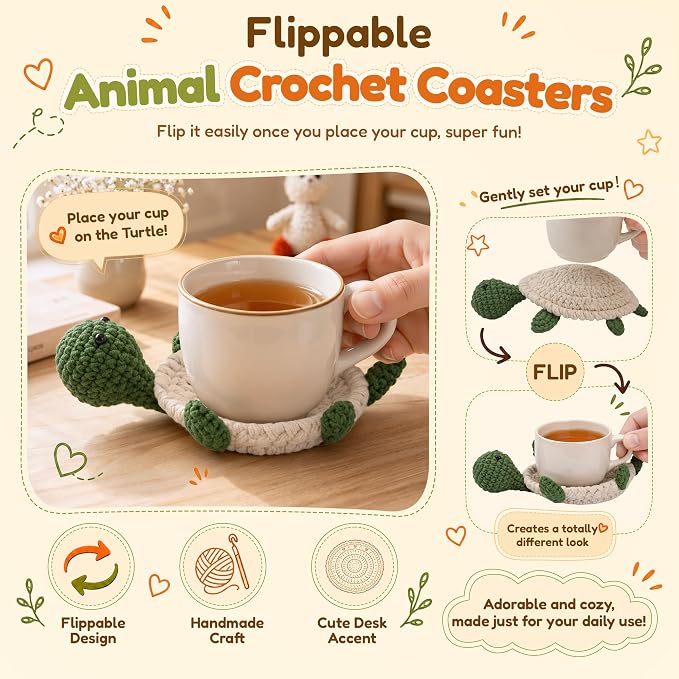 Handmade Crochet Coasters, Fun 3D Animal Flippable Drink Coasters Cute Soft Cup - Image 2