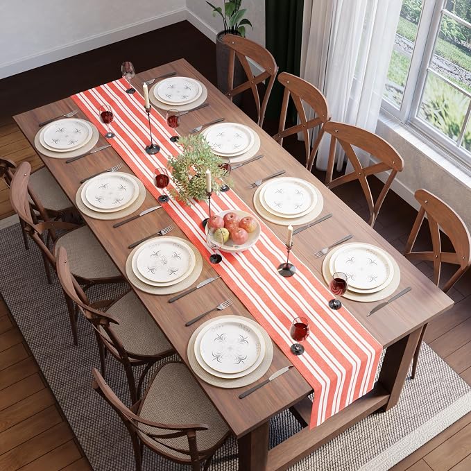 Encasa XO Table Runner, Woven Cotton Dining Runner 13"x59" Franca Orange Stripes - Image 4