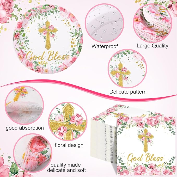 Pickmesh 250 Pcs Pink Baptism Cross Disposable Tableware Set Confirmation - Image 2