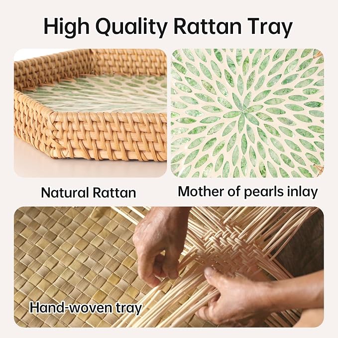 Hexagon Rattan Tray with Mother of Pearl Inlay, Rattan Serving Tray - Image 5