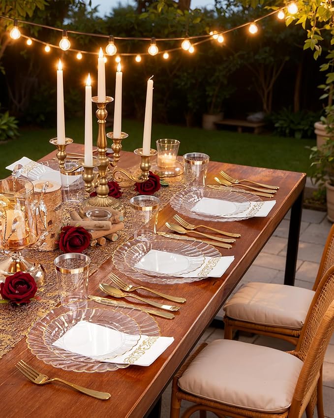 YOUBET 175PCS Clear and Gold Scalloped Plastic Plates - Image 4