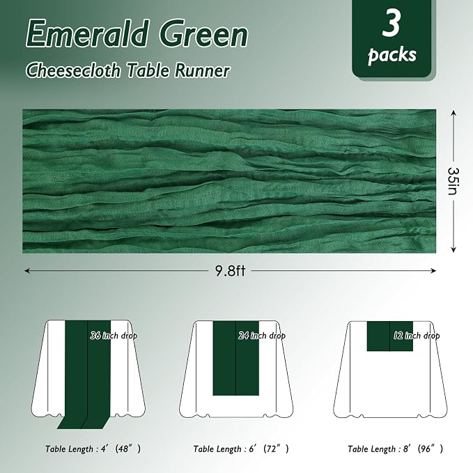 6 Pack Emerald Green Cheesecloth Table Runner 120 Inch Boho Wedding Decor | - Image 2