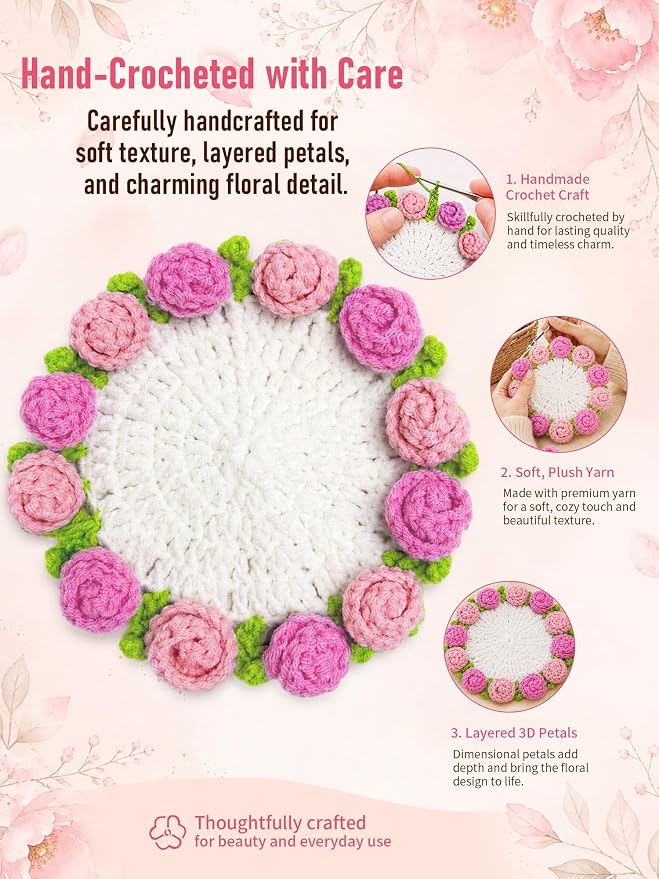 Crochet Flower Bouquet Coasters, Cotton Rose Gifts - Image 4