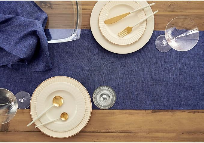 Solino Home 100% Pure Linen Dining Table Runner Navy, Athena 14 x 90 in | Table - Image 3