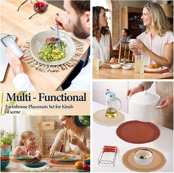 13 Inch Round Cotton Placemat Set of 4 Boho Placemats Table Mats Woven Washable - Image 7