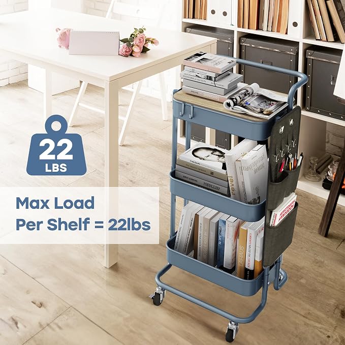 DTK 3-Tier Rolling Cart with Table Top, Metal Utility Cart with Side Bags | - Image 3