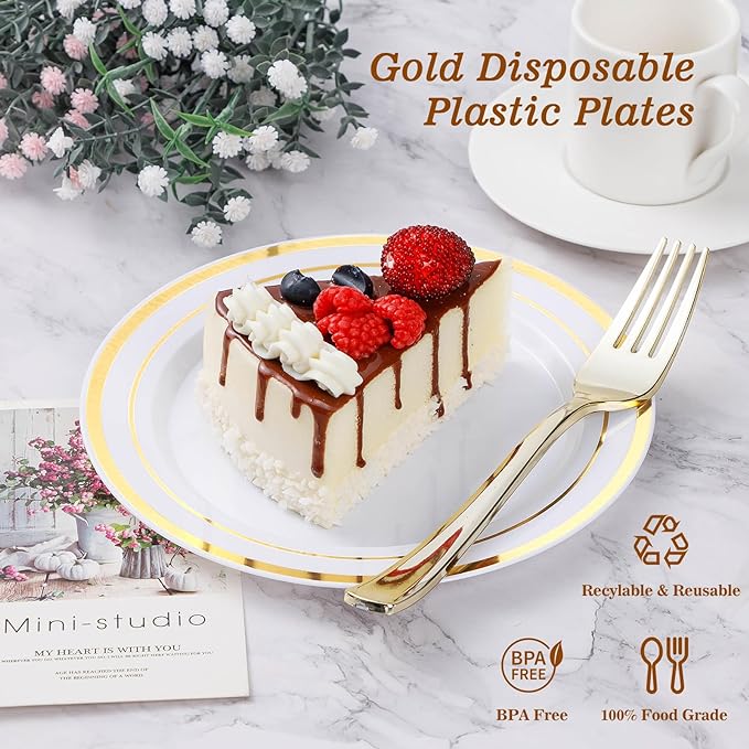 BESTVIP 200PCS Gold Plastic Plate, Disposable Party Plates | 100 Dinner Plates - Image 2