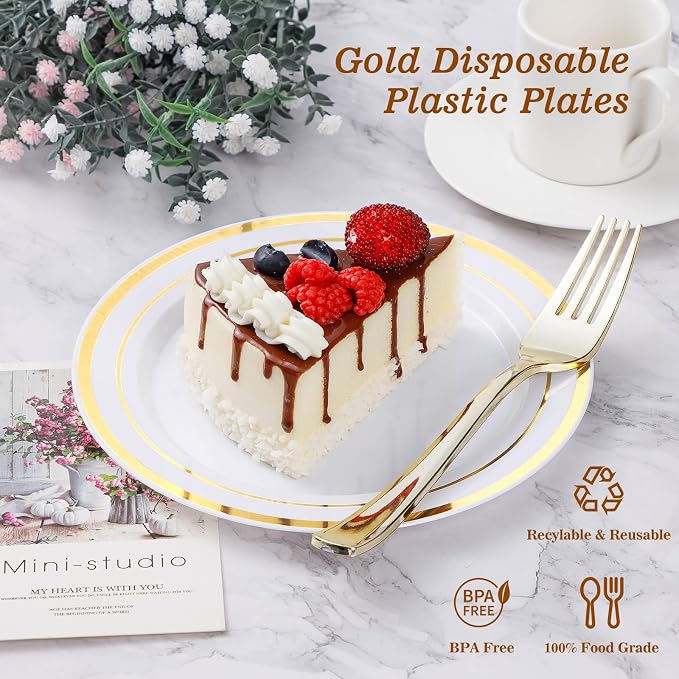 BESTVIP 100Pcs Gold Plastic Plates, 10.25 Inch Disposable Dinner Plates | Heavy - Image 2
