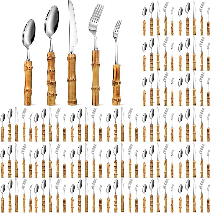 Eboot Bamboo Silverware Set 18/8 Stainless Steel Tableware Set Natural Utensil by eBoot