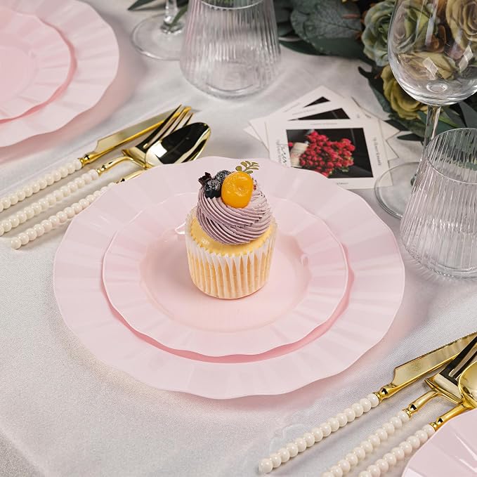 60 Pcs Pink Plates, Wave Edge Design Disposable Plastic Plates | Disposable - Image 4
