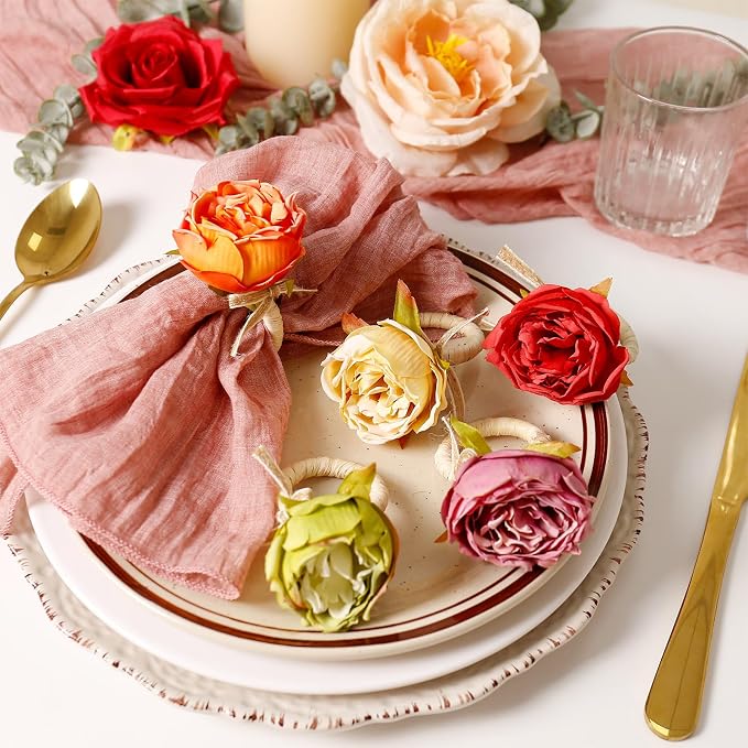 Handmade Flower Napkin Rings Set of 6, Valentine's, Thanksgiving Table - Image 7