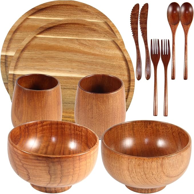 12 Pcs Acacia Wood Dinnerware Set 10 Inch Round Wooden Plates Bowls Tea Cups by Unknown