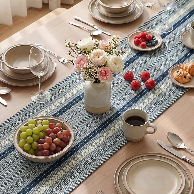 Artoid Mode Dark Blue Farmhouse Stripe Braided Table Runner 12x36 Inch | - Image 4